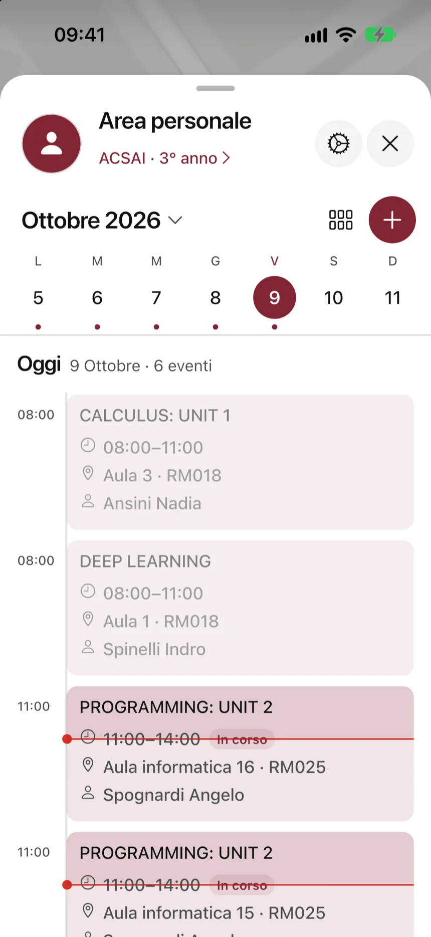 L'area personale: il calendario di ottobre 2026 e le lezioni di oggi, con orario, aula e docente.