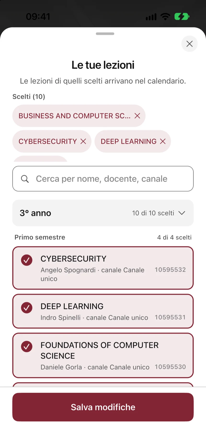 La scelta delle lezioni da seguire: quelle scelte in alto, poi la ricerca e l'elenco del primo semestre.
