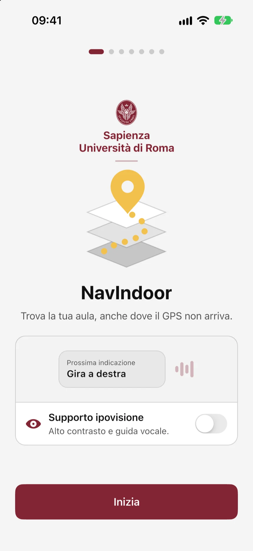 La prima schermata dell'app: il logo della Sapienza, l'icona di NavIndoor, la frase «Trova la tua aula, anche dove il GPS non arriva» e l'opzione per chi vede poco.