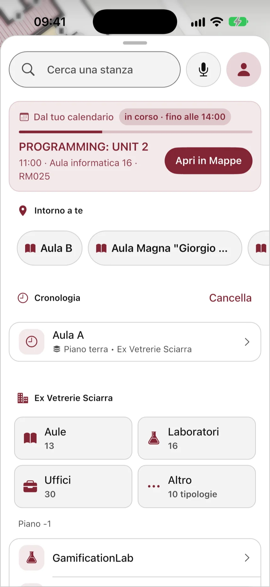 La schermata Dove vuoi andare?: la lezione in corso, le aule vicine, le ultime ricerche e i gruppi di stanze dell'edificio, come aule, laboratori e uffici.