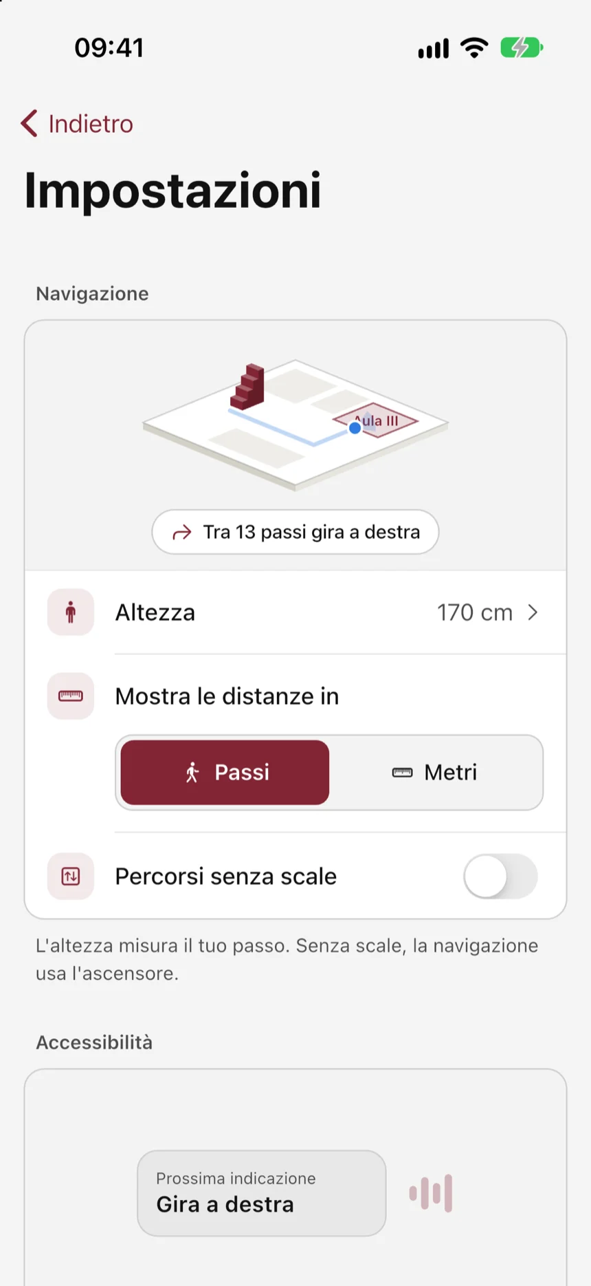 Le impostazioni: l'altezza, le distanze in passi o in metri, i percorsi senza scale e, più sotto, l'accessibilità.